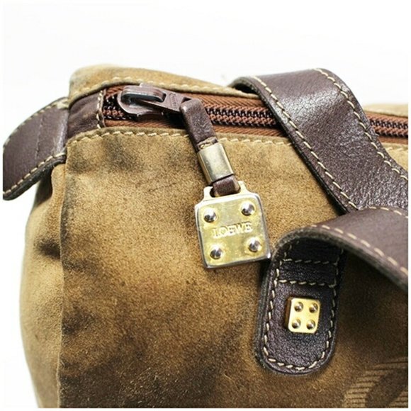 LOEWE Anagram Amazona 28 Handbag Boston Bag Suede x Leather Beige Dark Brown ... - Picture 9 of 12